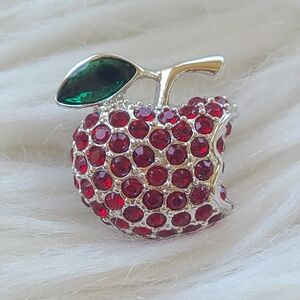 Touchstone Crystal Red Apple w/ Bite Silver Tone Lapel Pin- Excellent Condition